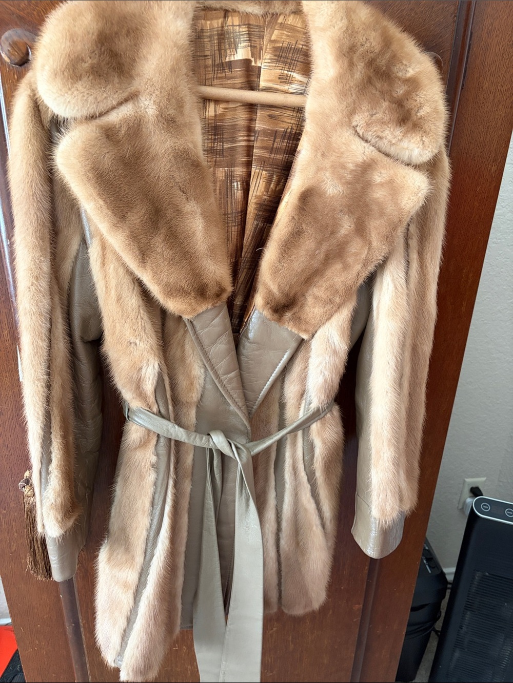 Vintage Tan Mink Fur Trim Leather  Coat